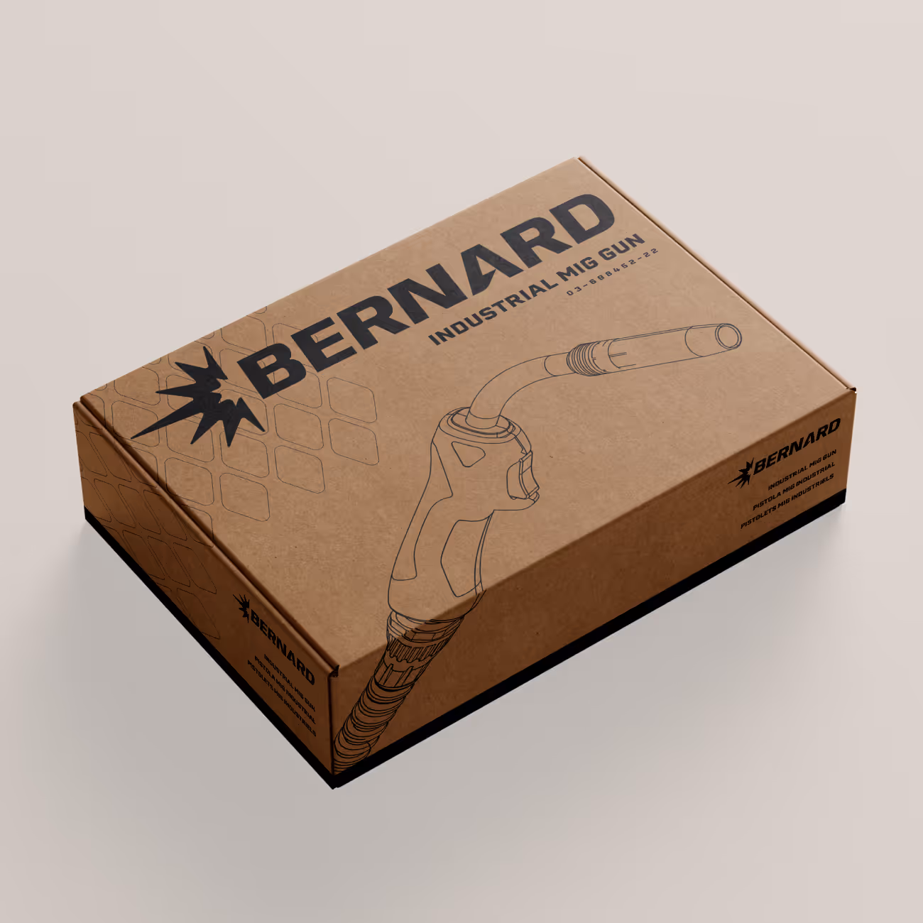 Closed cardboard box with Bernard Industrial MIG Gun branding and illustration of a MIG gun on the top.